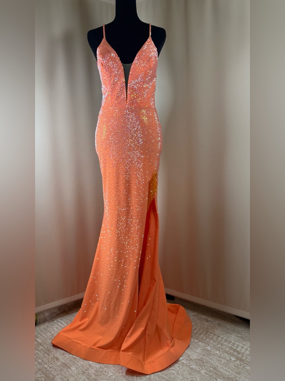 ✨ VIENNA PROM Neon Orange Sequin Rhinestone High Slit Gown - Size 0